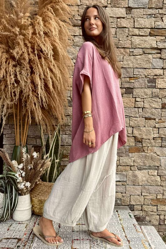 Pure Cotton Santos Keyhole Drape Back Top Indian Pink